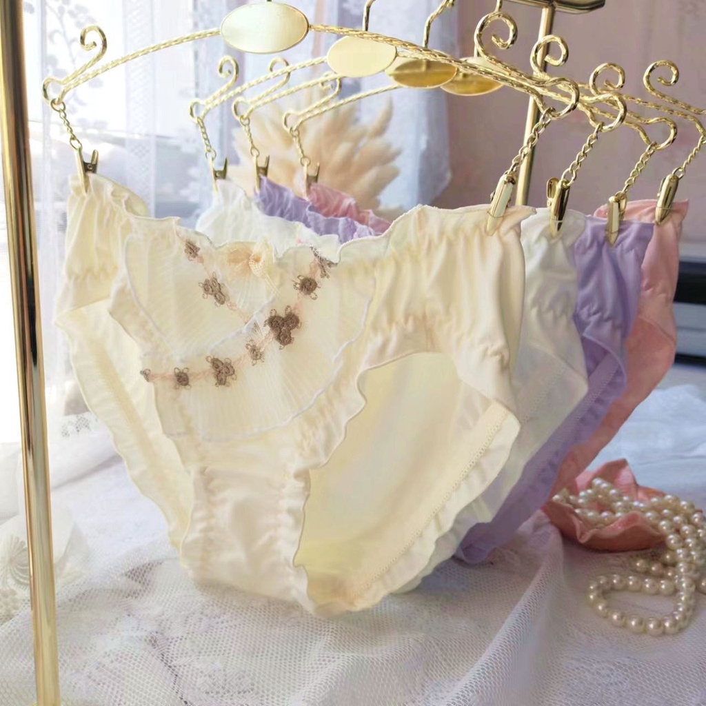 Quần Lót Tam Giác Vải Lụa Sữa Thêu Họa Tiết Nhiều Màu Dễ Thương Phong Cách Nhật Bản Cho Nữ