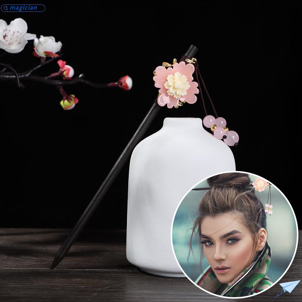 MAG Trâm Cài Tóc Bằng Gỗ Mun Đính Hoa Phối Tua Rua Phong Cách Retro