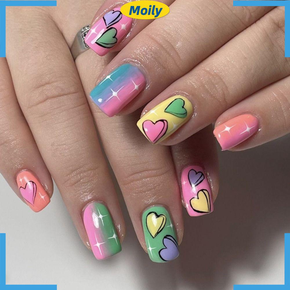 MOILYVN Bộ Móng Tay Giả Tự Trang Trí Họa Tiết Trái Tim Xinh Xắn