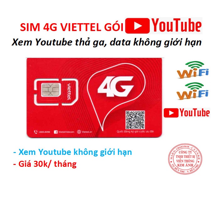 Sim  Viettel 4G dùng mãi mãi gói Gói cước YT30  – 30 ngày xem YouTube không giới hạn, Hàng chính hãng