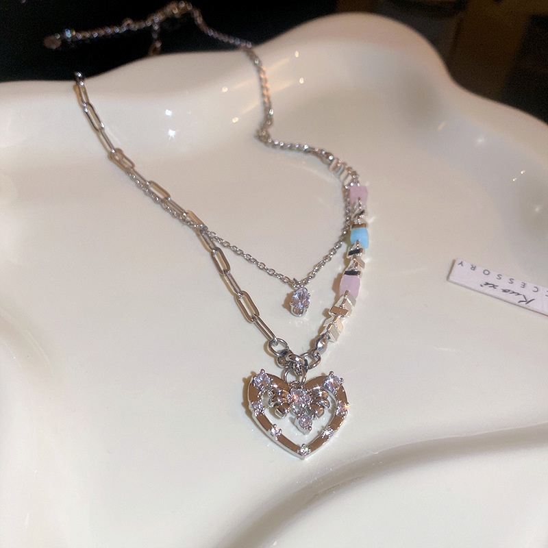 Dây Chuyền Hai Lớp Hình Nơ Đính Đá Trái Tim Thời Trang Cao Cấp Dành Cho Nữ