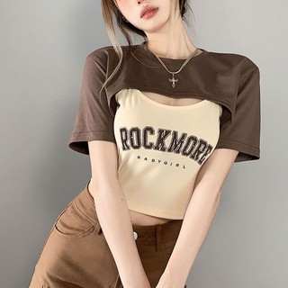 Set Áo Thun Ngắn Tay + Áo Dây In Chữ Phong Cách Retro Cho Nữ
