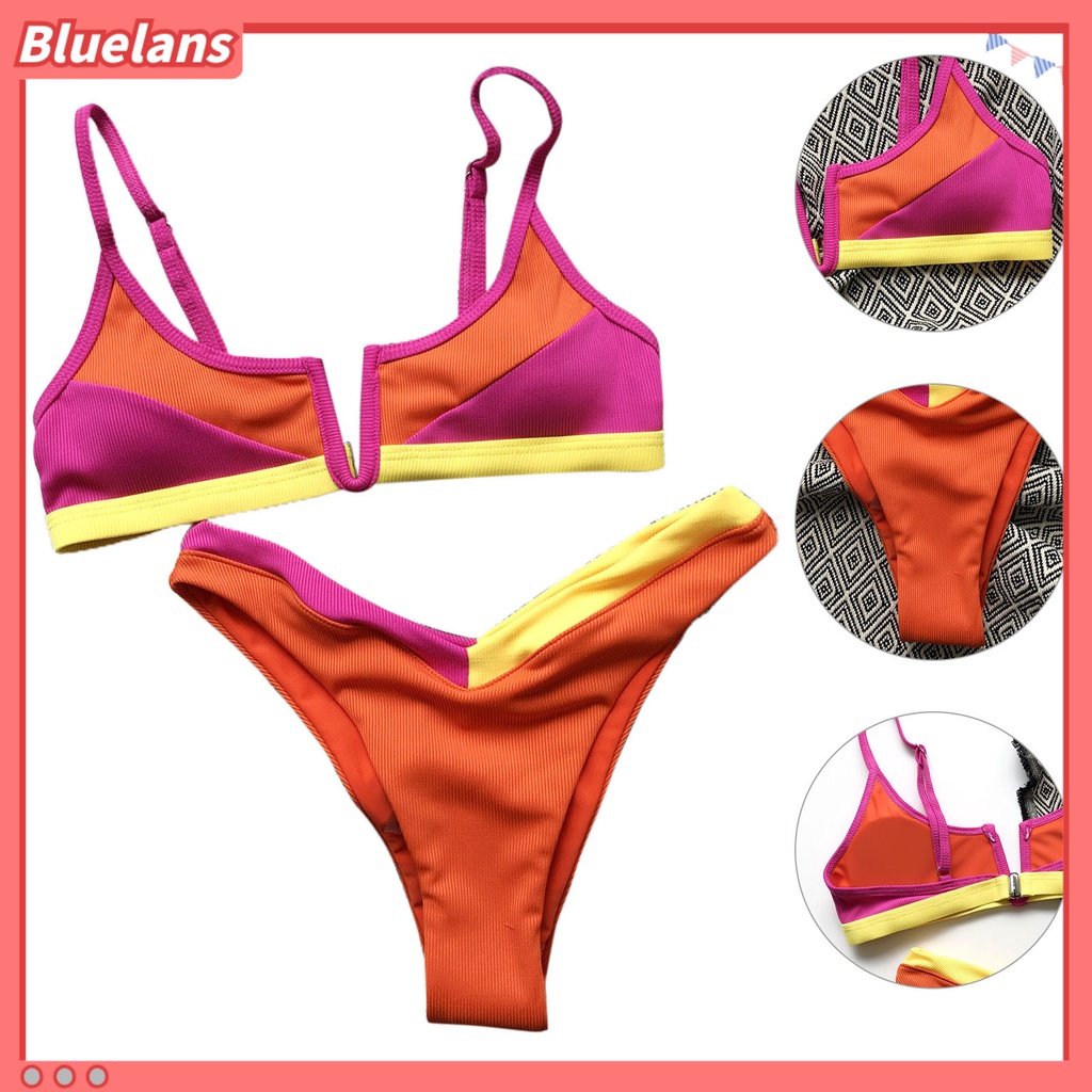 Bộ Đồ Bơi 2 Mảnh Cổ Chữ V Màu Tương Phản Thoải Mái Thời Trang Mùa Hè Cho Nữ