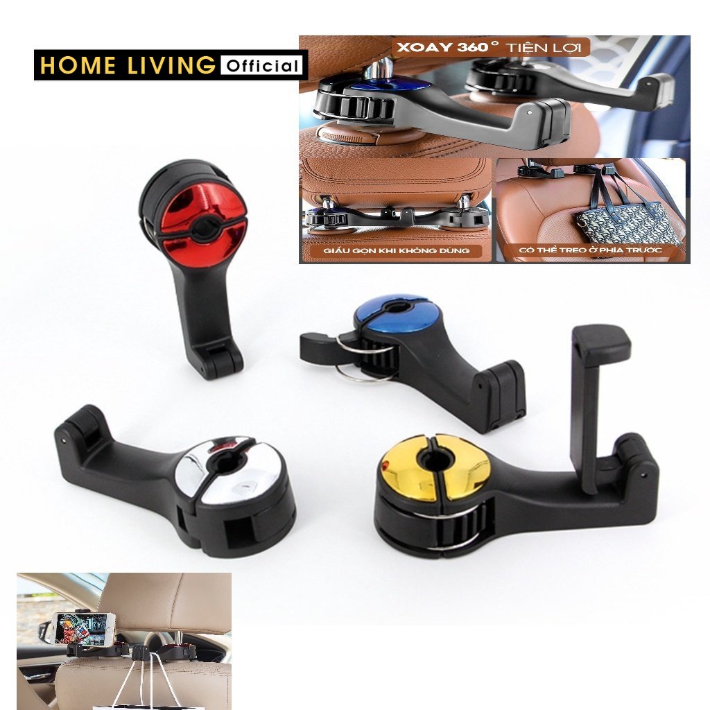(4 màu) 1 Móc treo đồ sau cho xe hơi ghế kiêm giá đỡ điện thoại - móc treo đồ tiện ích - kẹp đt trên ô tô🚗