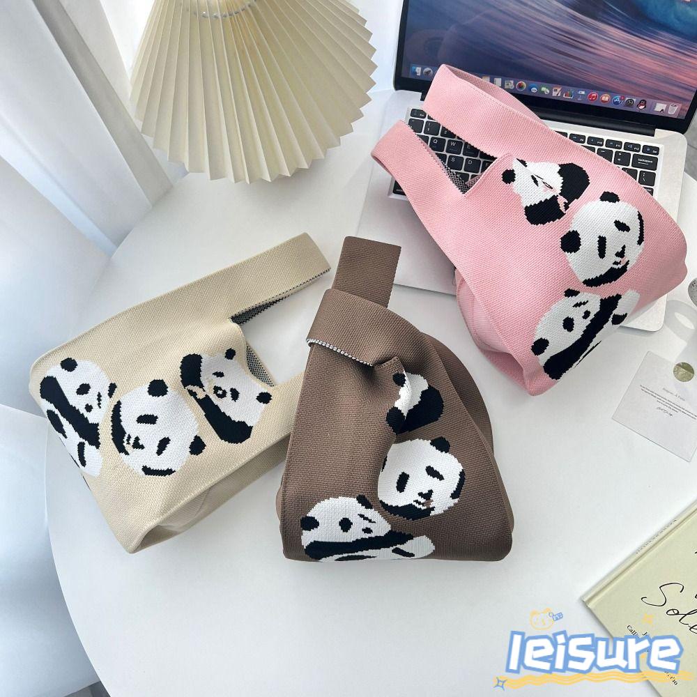 LEISURE Túi Tote Đan Thủ Công Tái Sử Dụng Hình Gấu Trúc