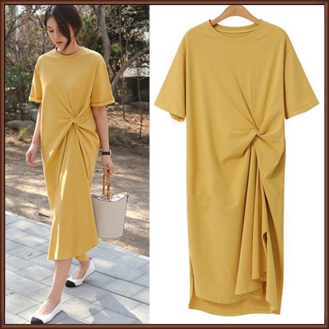 Đầm Sơ Mi Tay Ngắn Dáng Rộng Xẻ Tà Thắt Nút Xoắn Plus Size Thời Trang Mùa Hè Cho Nữ