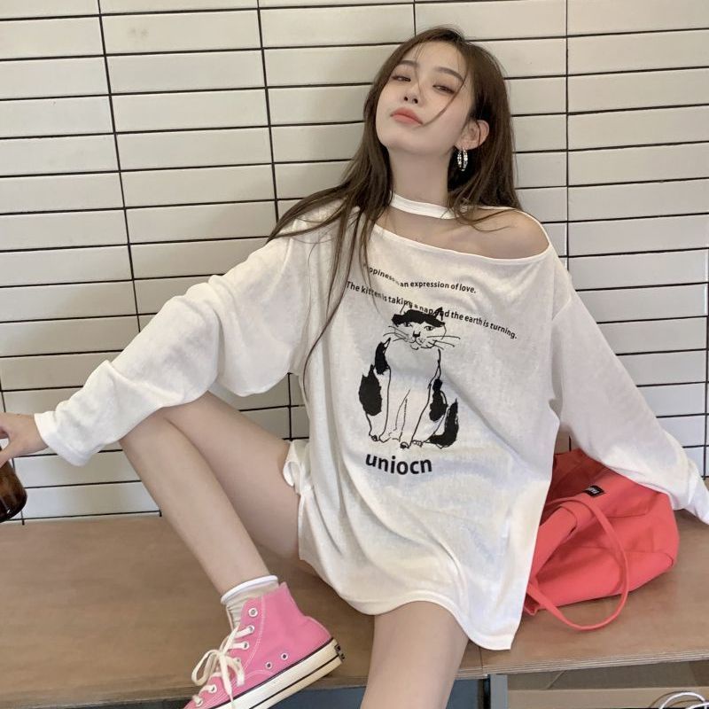 Áo Thun Tay Dài Dáng Rộng Trễ Vai In Họa Tiết Thời Trang Mùa Hè Mới Trẻ Trung Cho Nữ