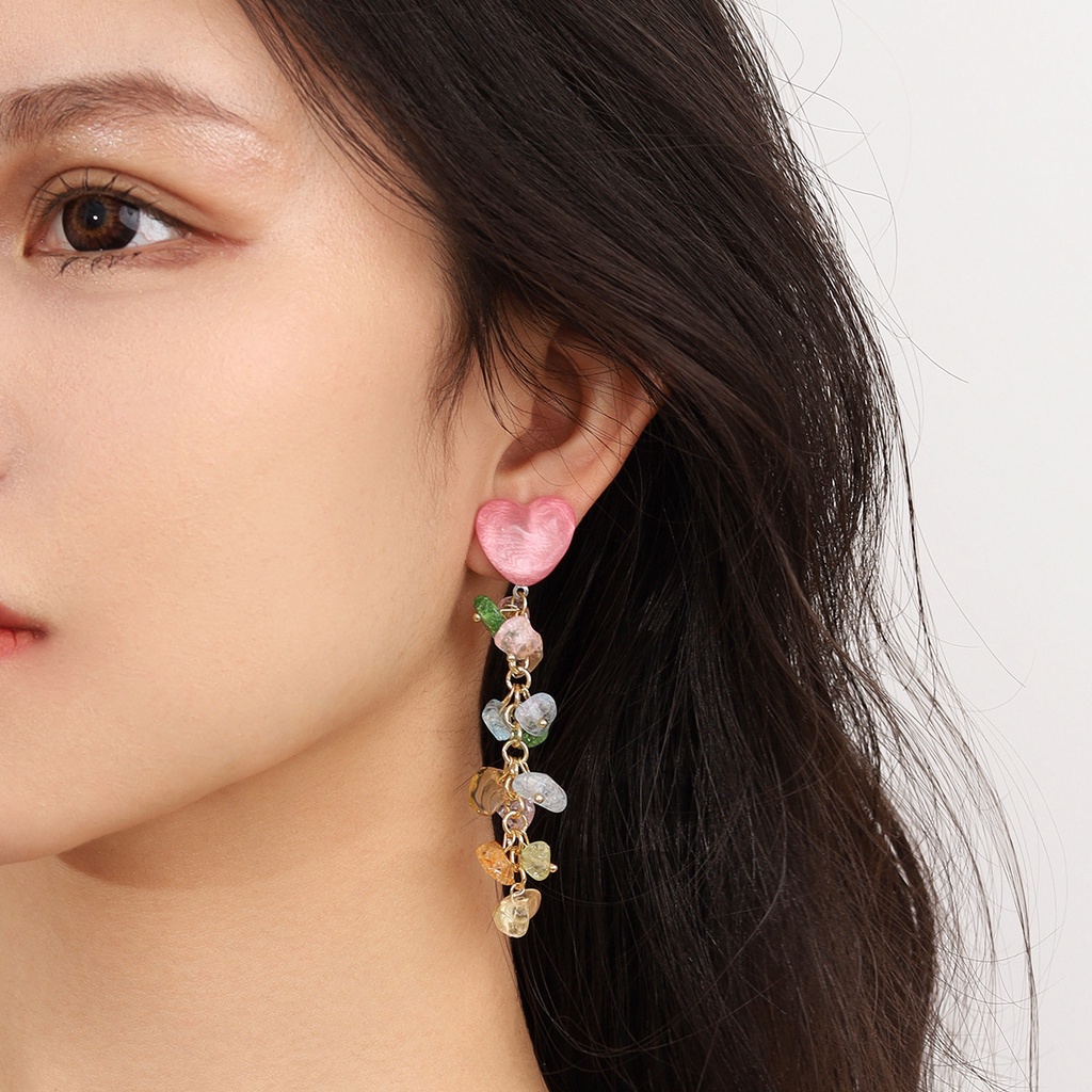 Hoa Tai Dáng Dài Mặt Hình Trái Tim Đính Đá Phối Tua Rua Thời Trang