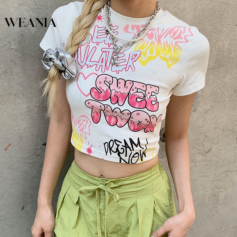 Áo Thun Cotton Tay Ngắn Dáng Rộng In Họa Tiết Graffiti Cá Tính Cho Nữ