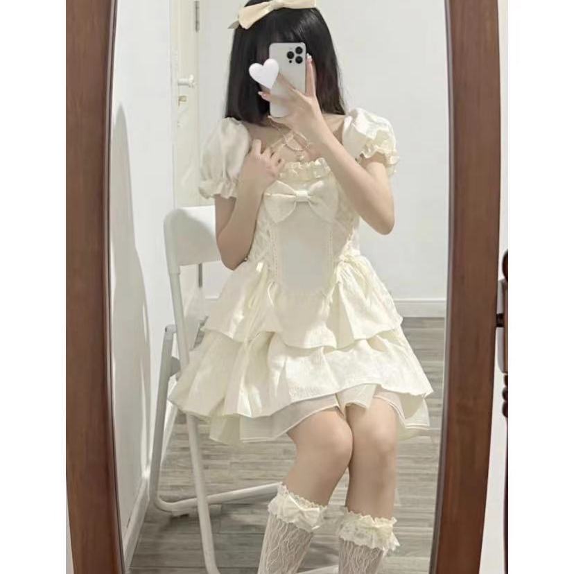 Đầm Công Chúa Dáng Ngắn Ôm Eo Đính Nơ Màu Trắng Thuần Khiết Phong Cách Mori Cho Nữ