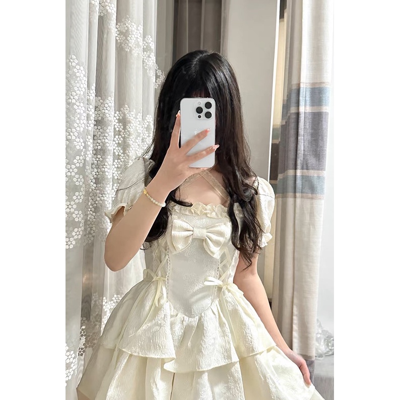 Đầm Công Chúa Mori Ngắn Thắt Nơ Màu Trắng Phong Cách Công Nghiệp Mùa Hè Hàng Mới 2023