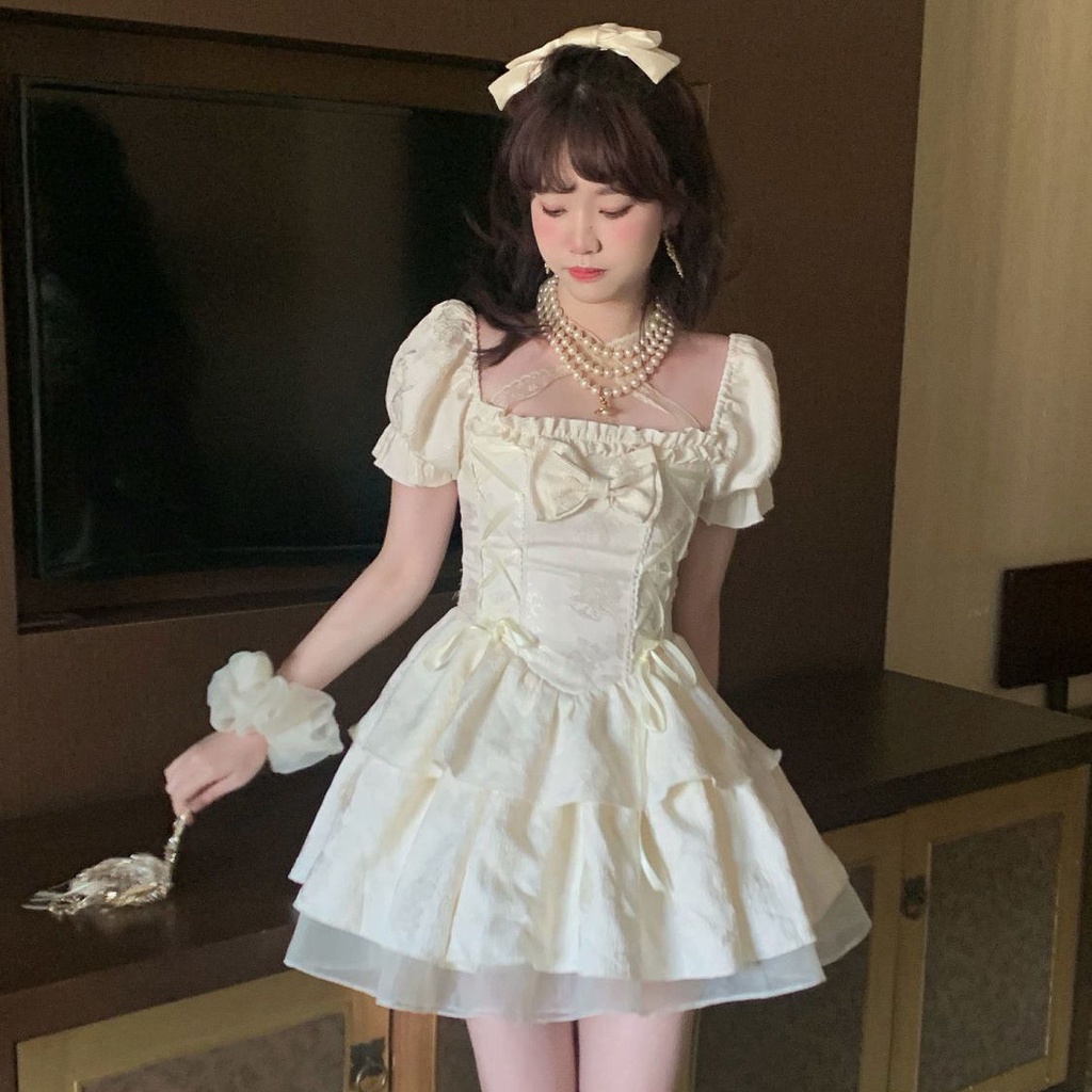 First Love Váy Ngắn Thắt Dây Phong Cách Công Chúa Sang Trọng Phong Cách Mới Mùa Hè