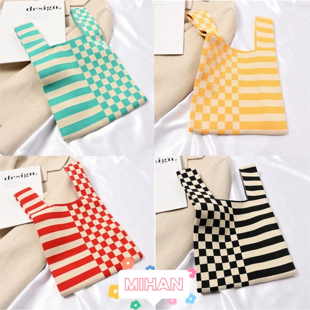 MIHAN1 Túi Xách Đan Len Họa Tiết Ca Rô Thời Trang Dành Cho Nữ