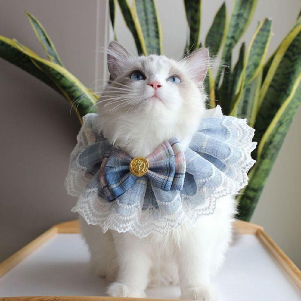 Yếm đeo cổ đính nơ họa tiết kẻ sọc ca rô phối ren cotton đáng yêu dành cho thú cưng
