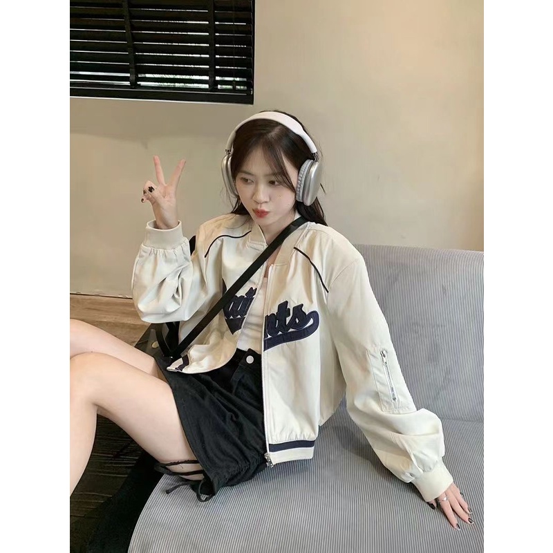 Áo Khoác Bóng Chày Cổ Đứng Dáng Rộng Thêu Chữ Thời Trang Xuân Thu Cho Nữ