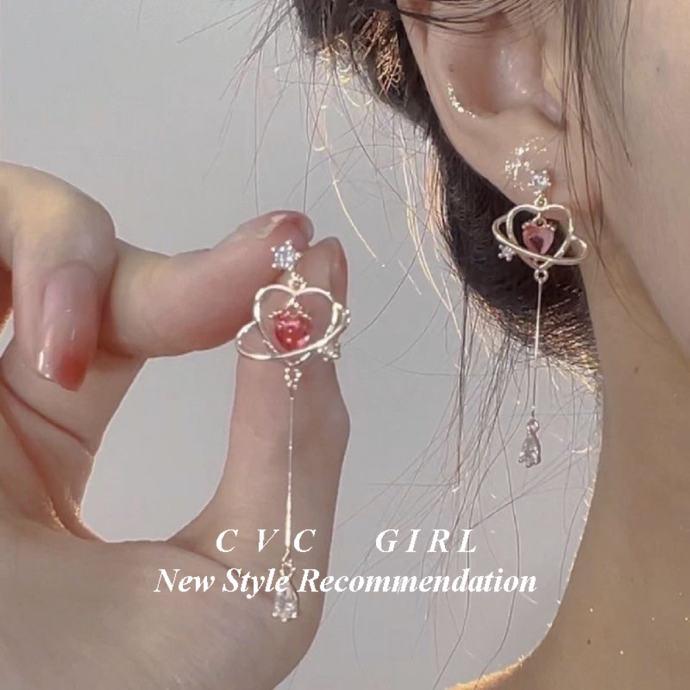 Bông Tai Mạ Bạc 925 Hình Trái Tim Đính Đá Zircon Tua Rua Phong Cách Pháp Cao Cấp