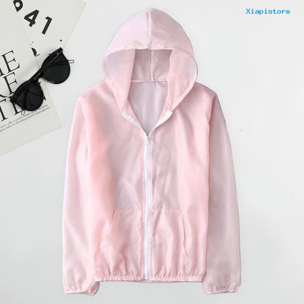 [XI] Áo Khoác Chống Nắng Tay Dài Có Mũ Trùm Đầu Màu Trơn Siêu Mỏng Phối Khóa Kéo Unisex