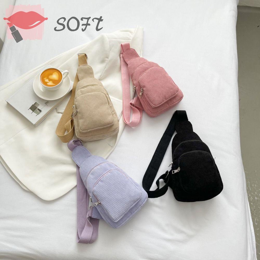 SOFTNESS Túi Đeo Chéo Ngực / Đeo Chéo Ngực Bằng Vải Nhung Có Khóa Kéo Màu Sắc Trơn Phong Cách Hàn Quốc Dành Cho Bạn