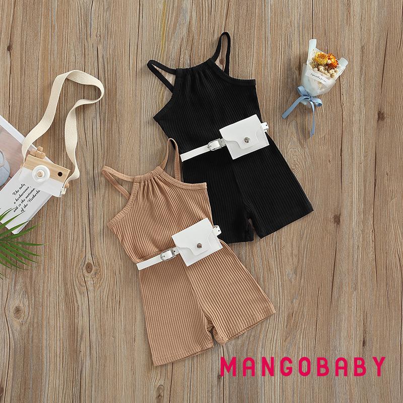 Bộ Áo Liền Quần Hai Dây Màu Trơn Kèm Túi Đeo Hông Thời Trang Mùa Hè Cho Bé Gái