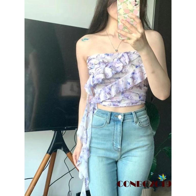 Áo Croptop Trễ Vai Nhún Bèo Họa Tiết Hoa Thời Trang Mùa Hè Cho Nữ