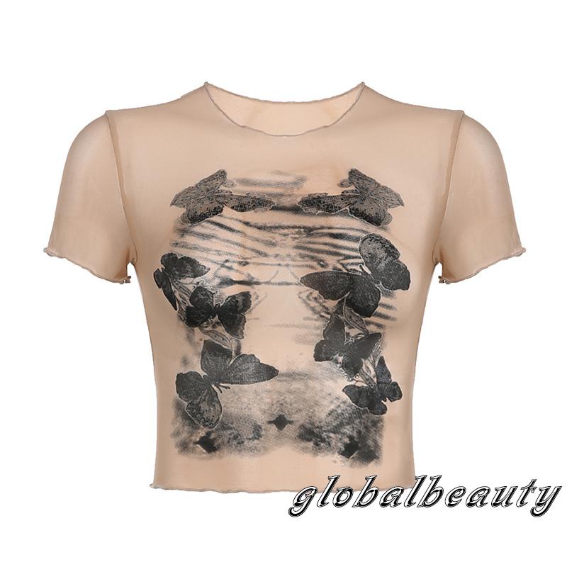 Áo Thun Tay Ngắn Cổ Tròn Xuyên Thấu In Họa Tiết Bươm Bướm Dành Cho Nữ
