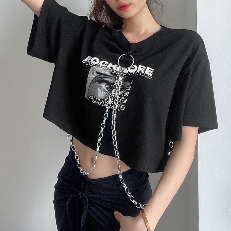 Áo Thun Tay Ngắn In Chữ Phối Dây Xích Kim Loại Thời Trang Mùa Hè Cá Tính