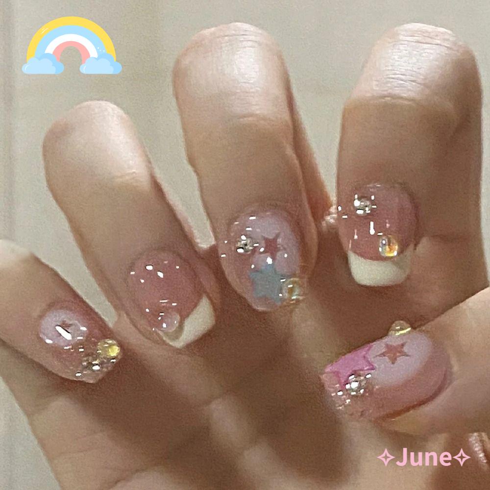 JUNE Hộp 24 Móng Tay Giả Đính Đá Lấp Lánh Bằng ABS Che Phủ Toàn Diện Có Thể Tháo Rời Cho Nữ