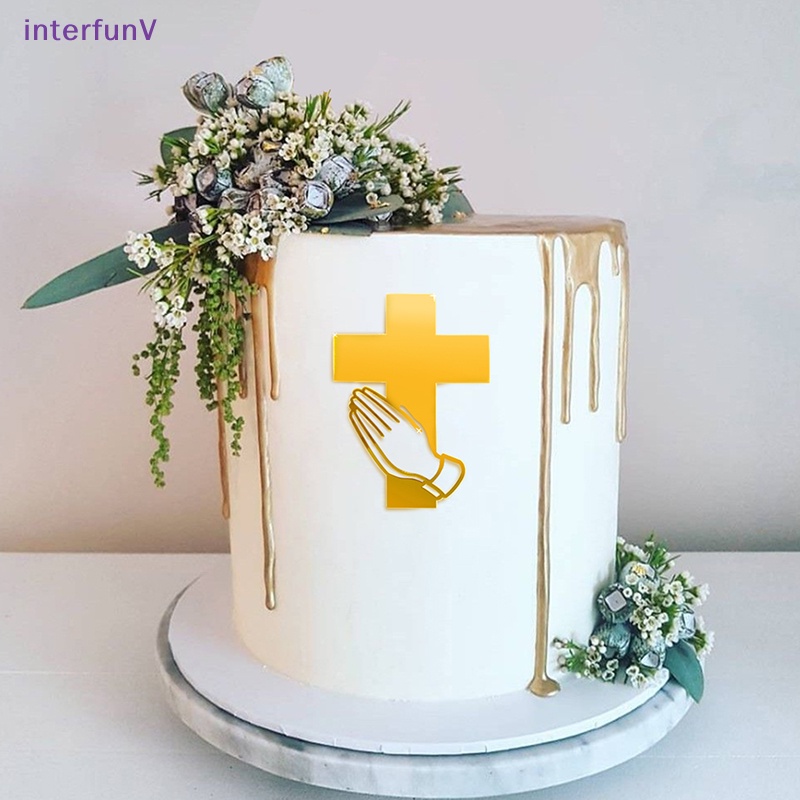 1 Cây Cắm Trang Trí Bánh Kem Hình Chữ Thập Bằng Acrylic Tráng Gương Màu Vàng Sang Trọng