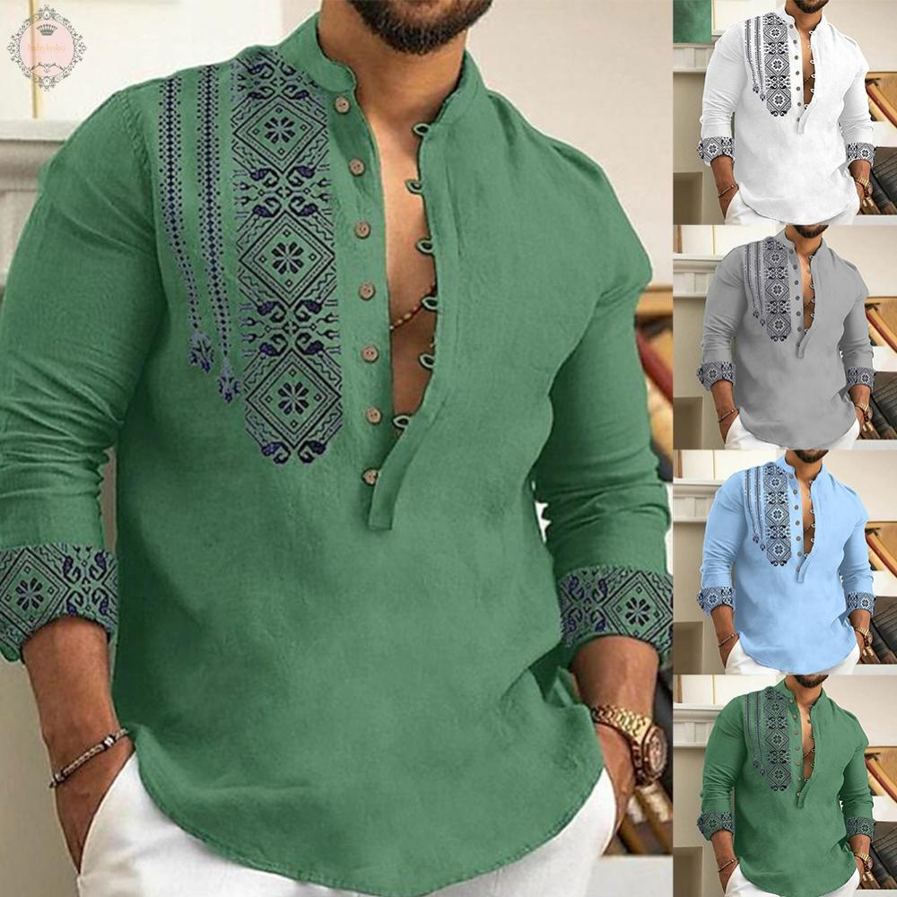 Men Long Sleeve Button-Down Shirt Blouse Loose Henley V-Neck Beach Tops T Shirts