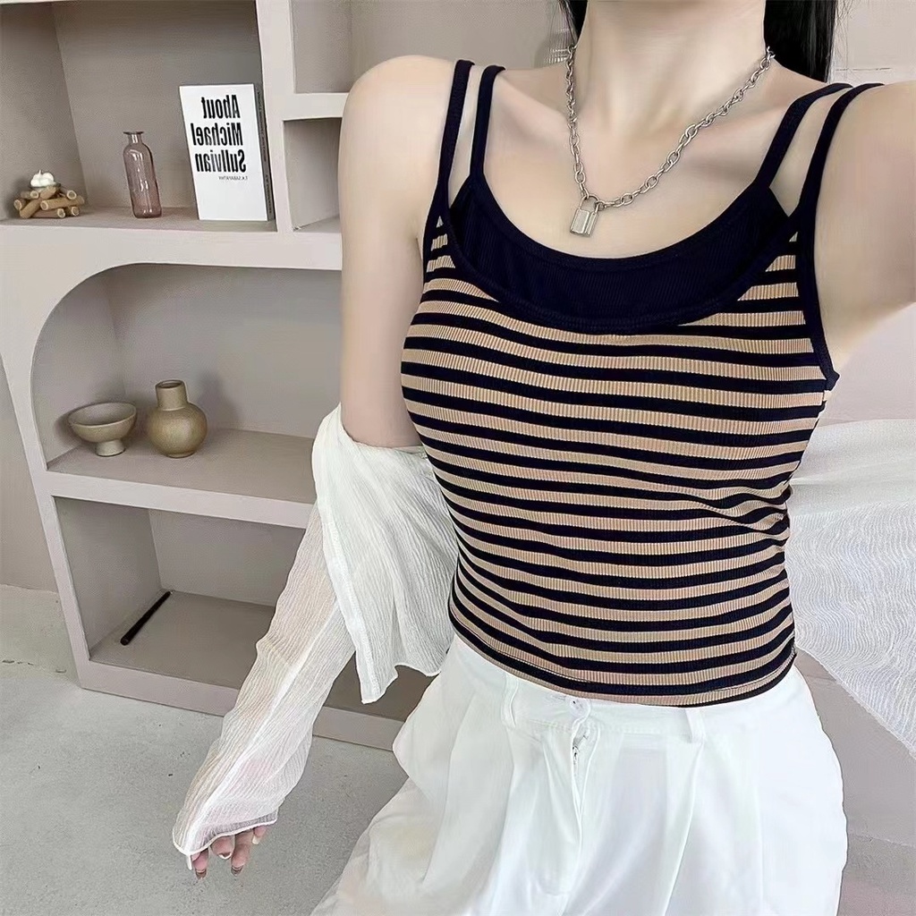 Áo Hai Dây Giả Hai Mảnh Có Đệm Ngực Họa Tiết Kẻ Sọc Màu Sắc Tương Phản Xinh Xắn Dành Cho Nữ