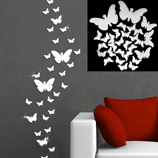 Set 30 Miếng Dán Tường Hình Bướm 3D Bằng Acrylic Tráng Gương Trang Trí Nhà Cửa DIY