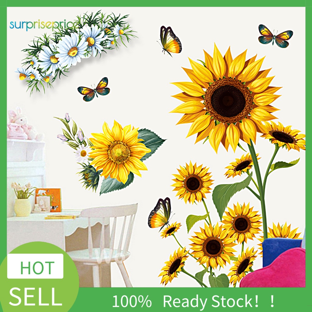 Set 2 Miếng Dán Tường Tự Dính Bằng PVC Chống Thấm Nước Hình Hoa Hướng Dương Và Bướm