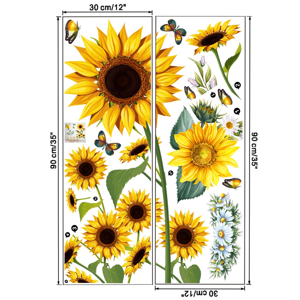 Set 2 Miếng Dán Tường Tự Dính Bằng PVC Chống Thấm Nước Hình Hoa Hướng Dương Và Bướm