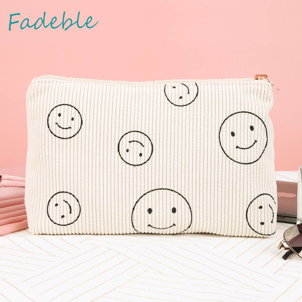 Túi Đựng Mỹ Phẩm Hai Mặt Bằng Vải Nhung Kẻ Dễ Thương Xinh Xắn