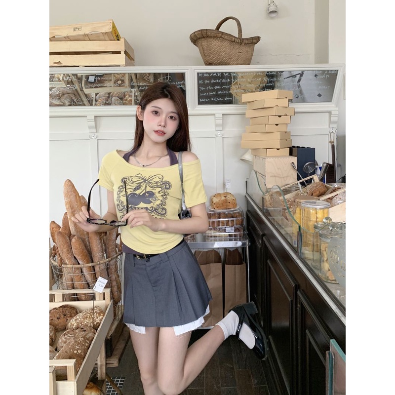 Áo Thun Ngắn Tay Giả Hai Lớp Màu Sắc Tương Phản Phong Cách Retro Mỹ Cho Nữ