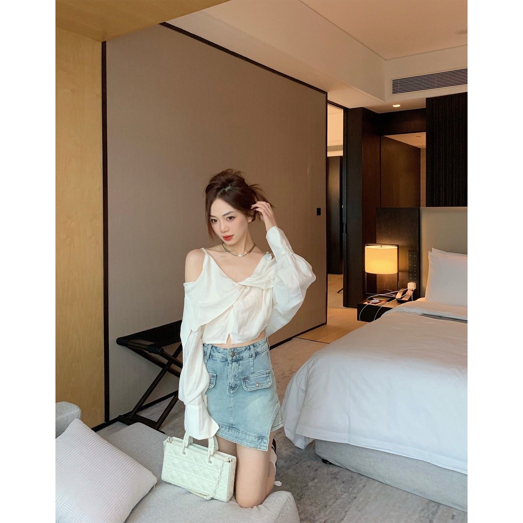 Áo Sơ Mi Trễ Vai Tay Dài Màu Trơn Thời Trang Hàn Quốc