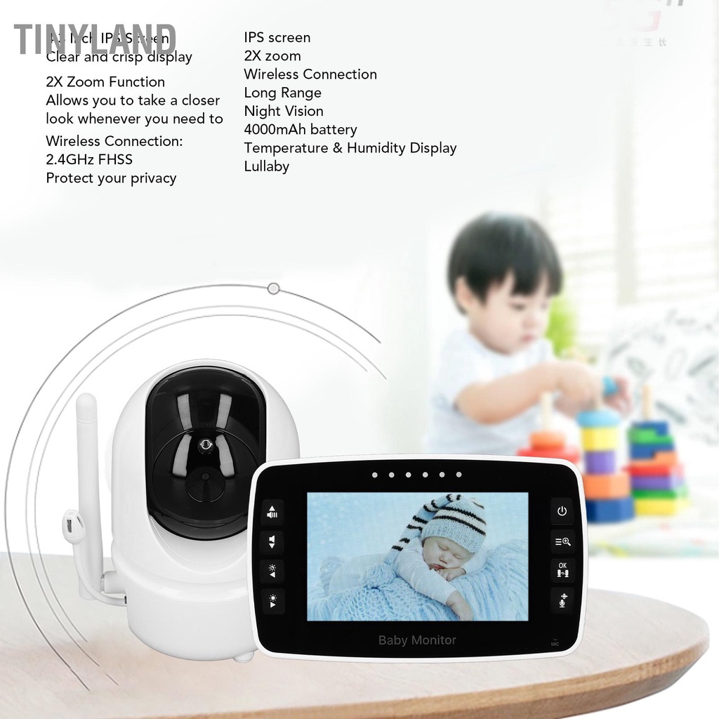 TinyLand Video 4.3Inch Baby Monitor Màn hình IPS không dây 2X Hiển thị nhiệt độ Tầm nhìn ban đêm 2 chiều Camera giữ trẻ 100‑240V cmman