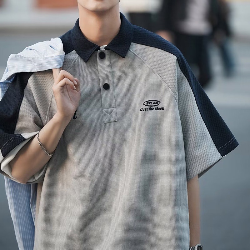 Áo polo Ngắn Tay Dáng Rộng Phối Màu Tương Phản Thời Trang Mùa Hè Cho Nam
