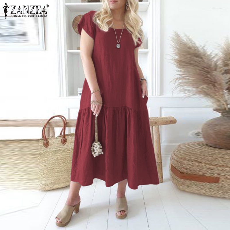 Zanzea Đầm Đuôi Cá Ngắn Tay Cổ Tròn Phong Cách Vintage Nữ Tính