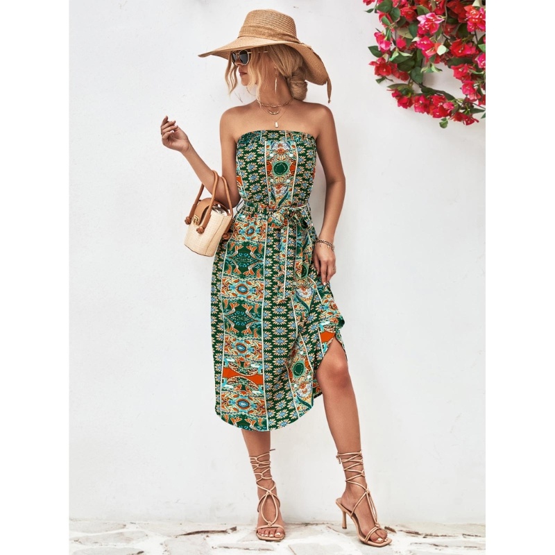 Đầm Midi Không Dây In Hoa Có Thắt Lưng Thời Trang Mùa Hè Dành Cho Nữ