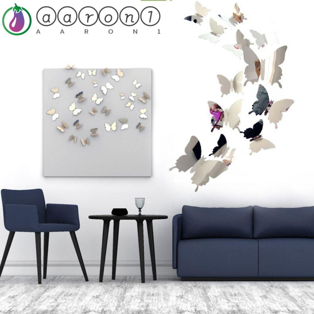 AARON1 Set 12 Miếng Dán Tường Tráng Gương Hình Bướm 3D DIY Dễ Lau Chùi Trang Trí Phòng Trẻ Em