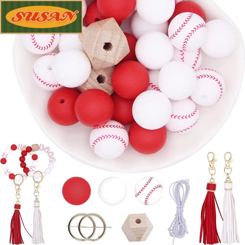 SUSANS Set 32 Hạt Bóng Chày Bằng Silicone 15MM Phối Tua Rua Đỏ Làm Móc Khóa