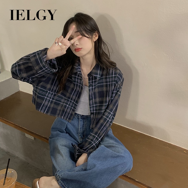 IELGY Áo Sơ Mi Tay Dài Họa Tiết Kẻ Ô Thời Trang Dành Cho Nữ