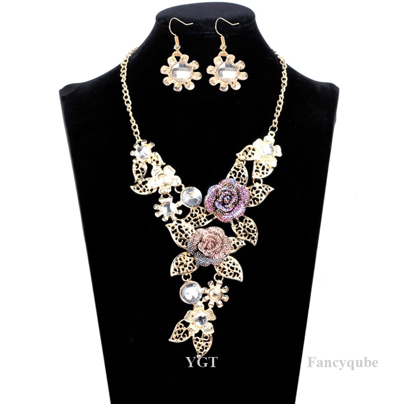 Bộ Vòng cổ + Bông Tai Đính Đá Hình Hoa Lá Khoét Rỗng Cho Nữ
