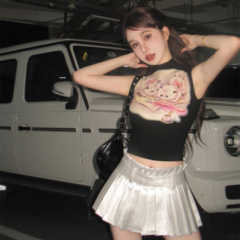 Cozok Áo Sát Nách Dáng Ôm Cổ Bán Nguyệt in Họa Tiết Chú Mèo Thời Trang Quyến Rũ Cho Nữ