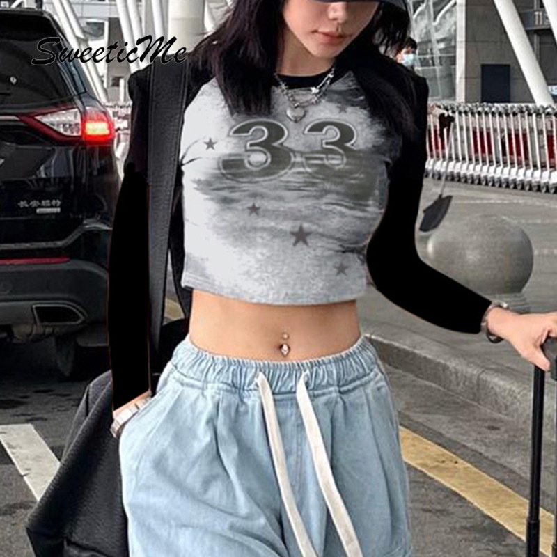 Áo Croptop Tay Dài Cổ Tròn Dáng Ôm Phối Màu Tương Phản Thời Trang 2023 Cho Nữ