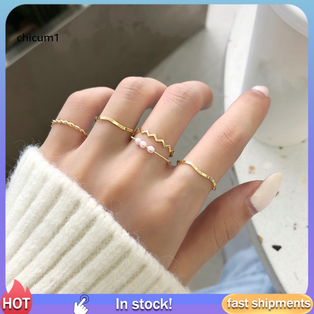 Set 5 Nhẫn Mạ Điện Đính Ngọc Trai Giả Phong Cách Nhật Hàn