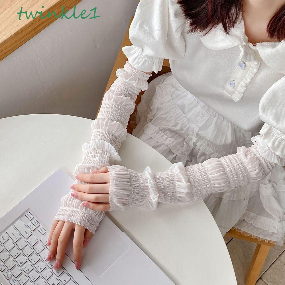 TWINKLE Găng Tay Chống Nắng / Tia UV Vải Lụa Lạnh Mỏng Phối Ren Thoáng Khí Thích Hợp Khi Lái Xe