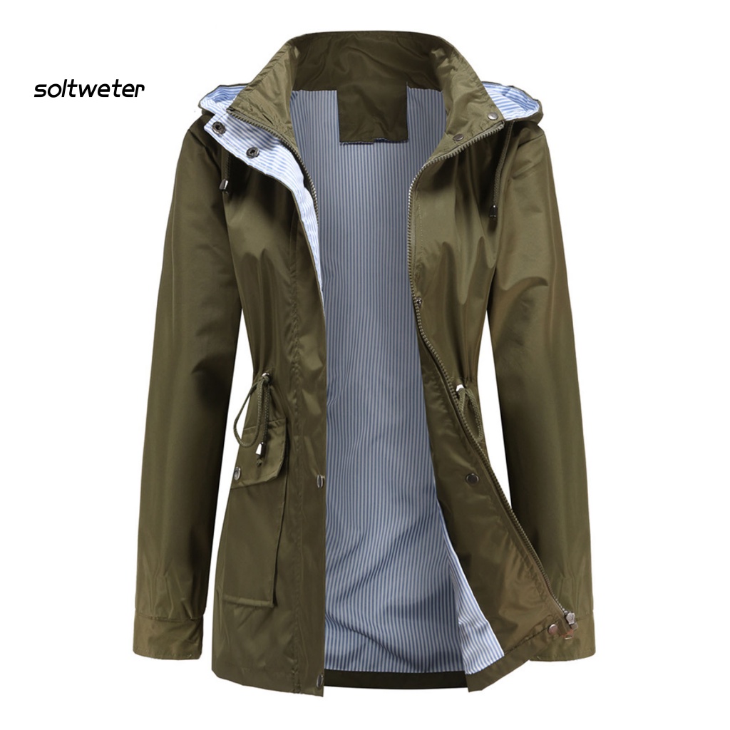 Áo Khoác Gió Cài Nút Có Dây Rút Eo Và Nón Tháo Rời Được Kẻ Sọc Thời Trang Thường Ngày Cho Nữ