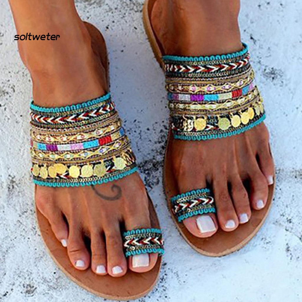 Dép Xỏ Ngón Đế Bằng Chống Trượt Phối Núm Tua Phong Cách Bohemian Thời Trang Đi Biển Cho Nữ
